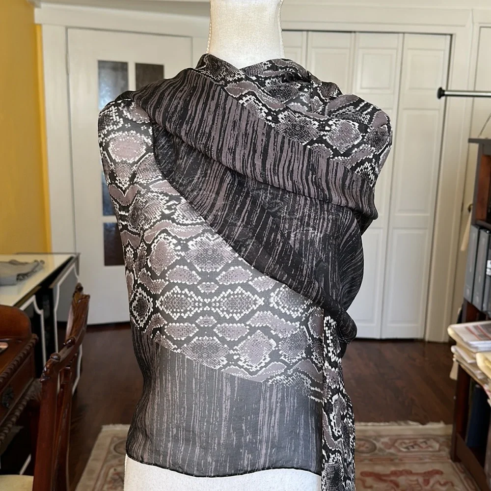 Black Gray Mixed Animal Print Silk Rectangular Oblong Scarf